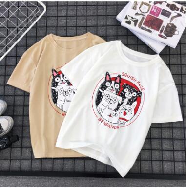 Japanese T-shirt, Chao Brand, Short-sleeved Men and Women''s Retro Lovers''T-shirt, Dog Printed Summer Class Clothes