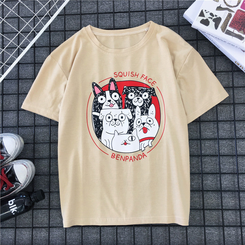 Japanese T-shirt, Chao Brand, Short-sleeved Men and Women''s Retro Lovers''T-shirt, Dog Printed Summer Class Clothes
