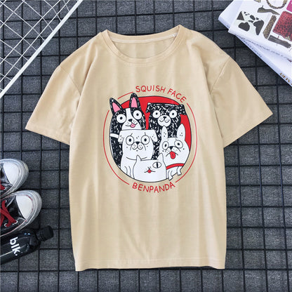 Japanese T-shirt, Chao Brand, Short-sleeved Men and Women''s Retro Lovers''T-shirt, Dog Printed Summer Class Clothes