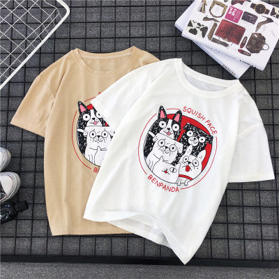 Japanese T-shirt, Chao Brand, Short-sleeved Men and Women''s Retro Lovers''T-shirt, Dog Printed Summer Class Clothes