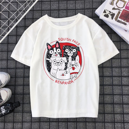 Japanese T-shirt, Chao Brand, Short-sleeved Men and Women''s Retro Lovers''T-shirt, Dog Printed Summer Class Clothes
