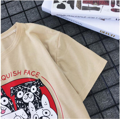 Japanese T-shirt, Chao Brand, Short-sleeved Men and Women''s Retro Lovers''T-shirt, Dog Printed Summer Class Clothes
