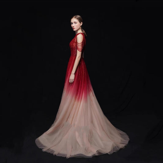 Red and White Long Dress X Banquet Performance Clothes for Women/Girls